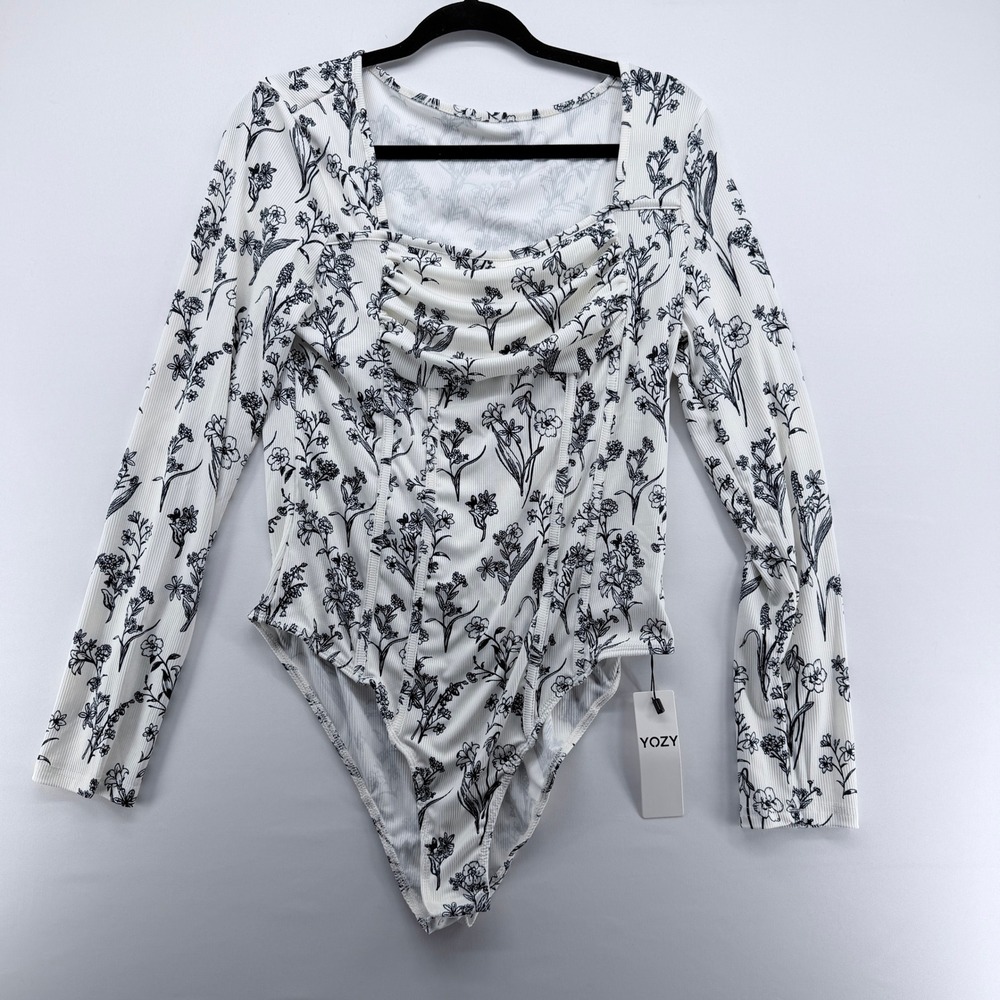 YOZY Floral Ribbed Long Sleeve Bodysuit White Black Ruched Square Neck XL‎ NWT
